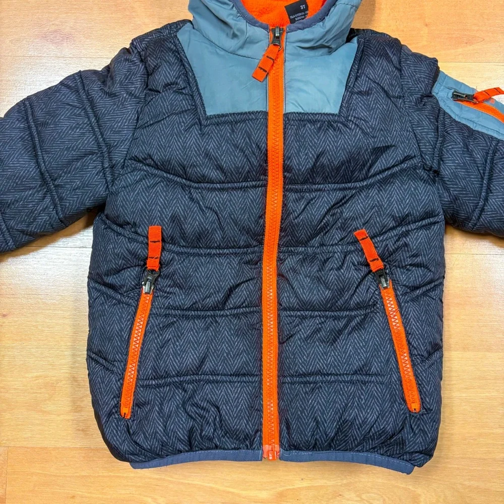 Snozu Black Gray & Orange 2-in-1 Multiway Hooded Puffer Jacket Toddler 3T